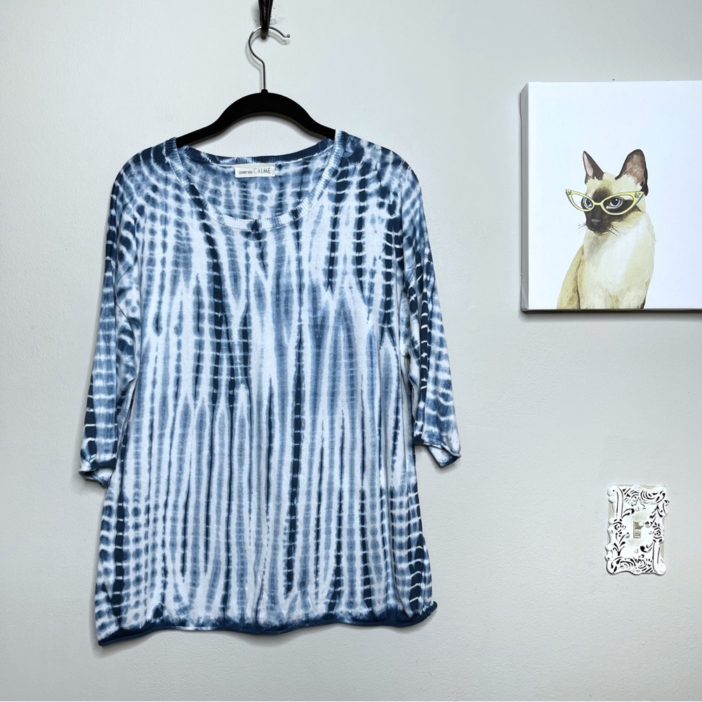 Johnny Was Calme Oversized Tie-Dye Blue & White Tee Size Small